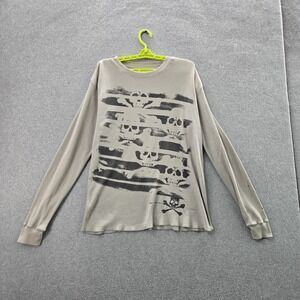 Machine Men Shirt LARGE Beige Graphic Skull Grunge Print Long Sleeve Y2K